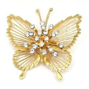 Vintage Gold-Tone Open Wired Butterfly Clear Star Rhinestone Brooch Pin Unsigned